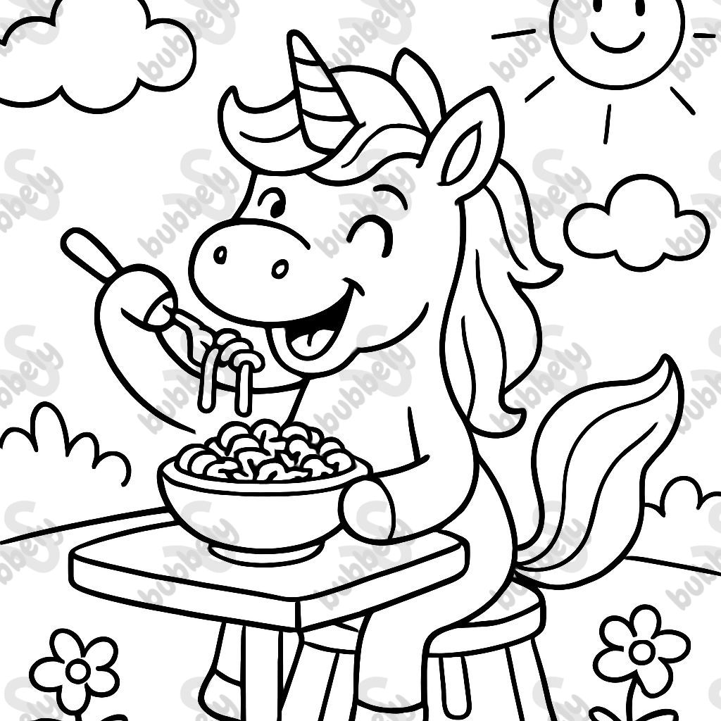 A unicorn eating mac n cheese.