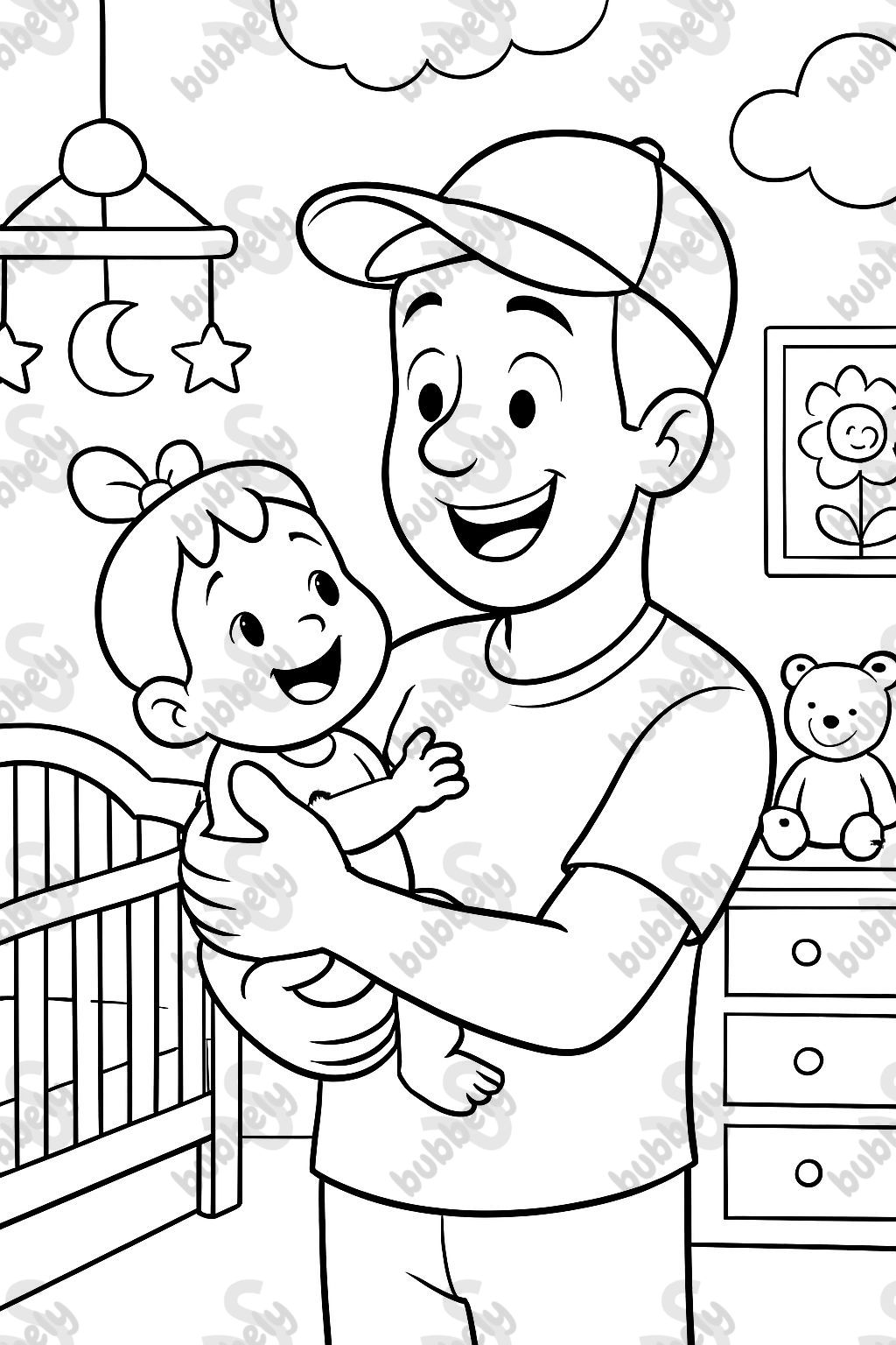 dad with a baseball hat, holding his baby girl in her nursery.