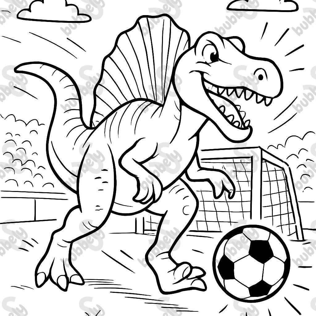 A Spinosaurus on the soccer field that is friendly. Please.
