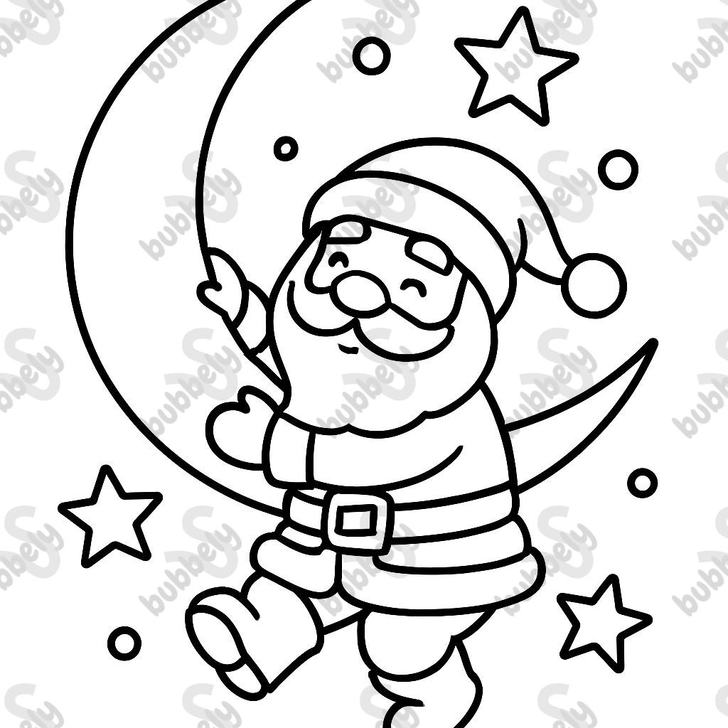 a Santa Claus holding onto the moon