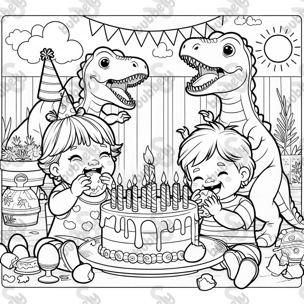 Toddler girl and baby boy eating birthday cake and eggs with dinosaurs