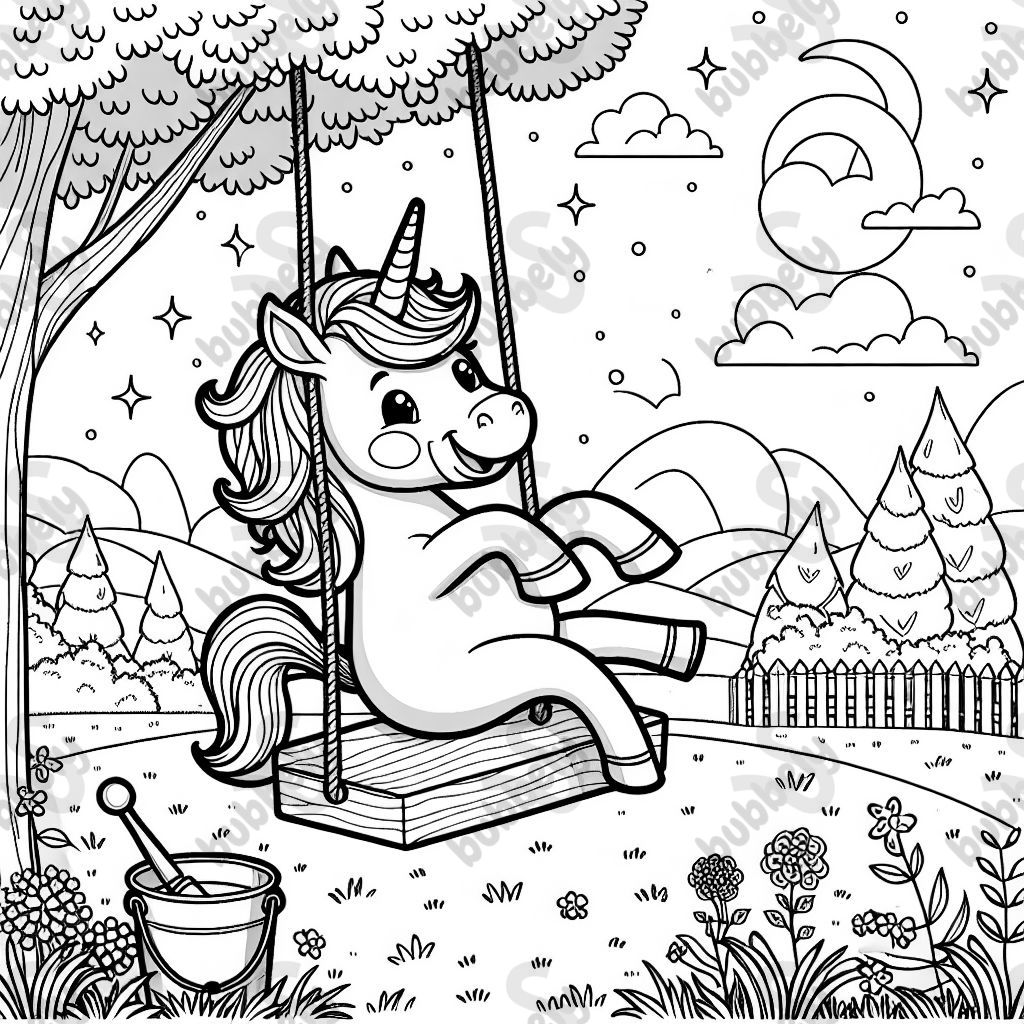 happy unicorn swinging in a bucket swing