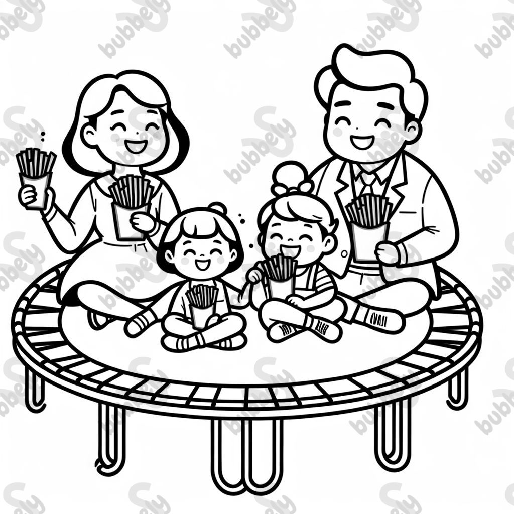 Mama, Papa, Junge und Mädchen essen auf dem Trampolin Pommes