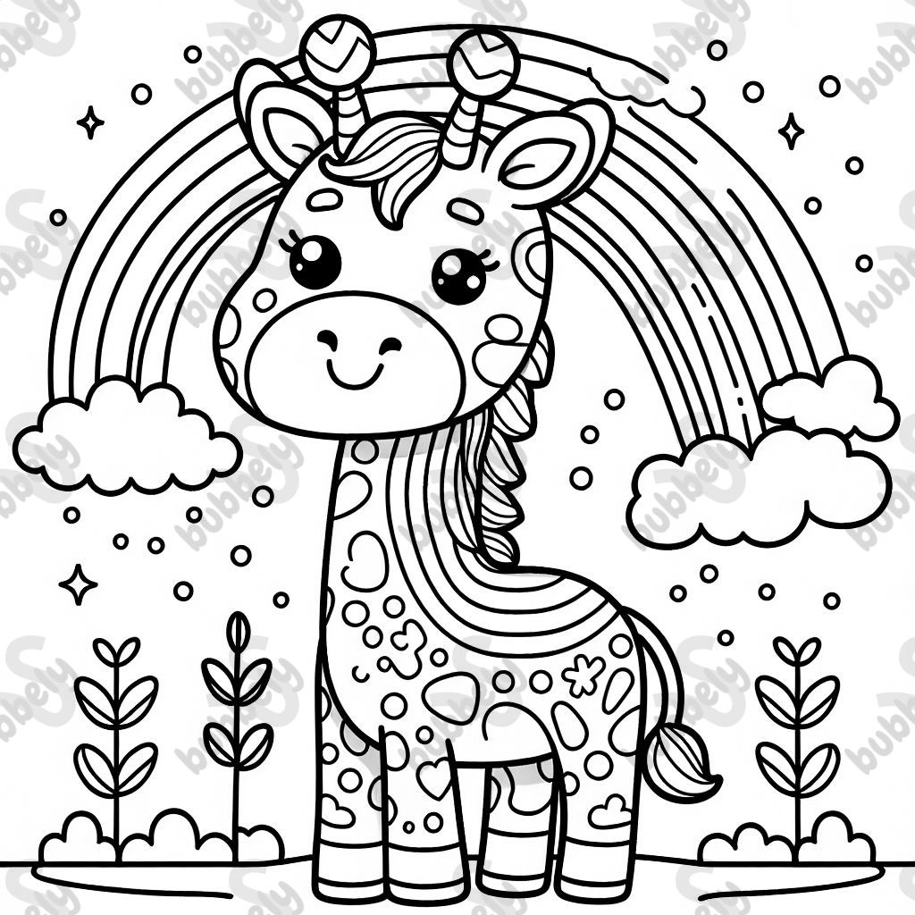 Giraffe with horn and rainbows as fur pattern