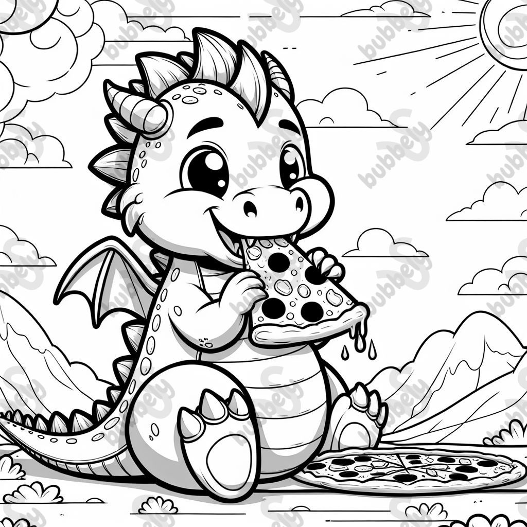 Dragon eating pizza