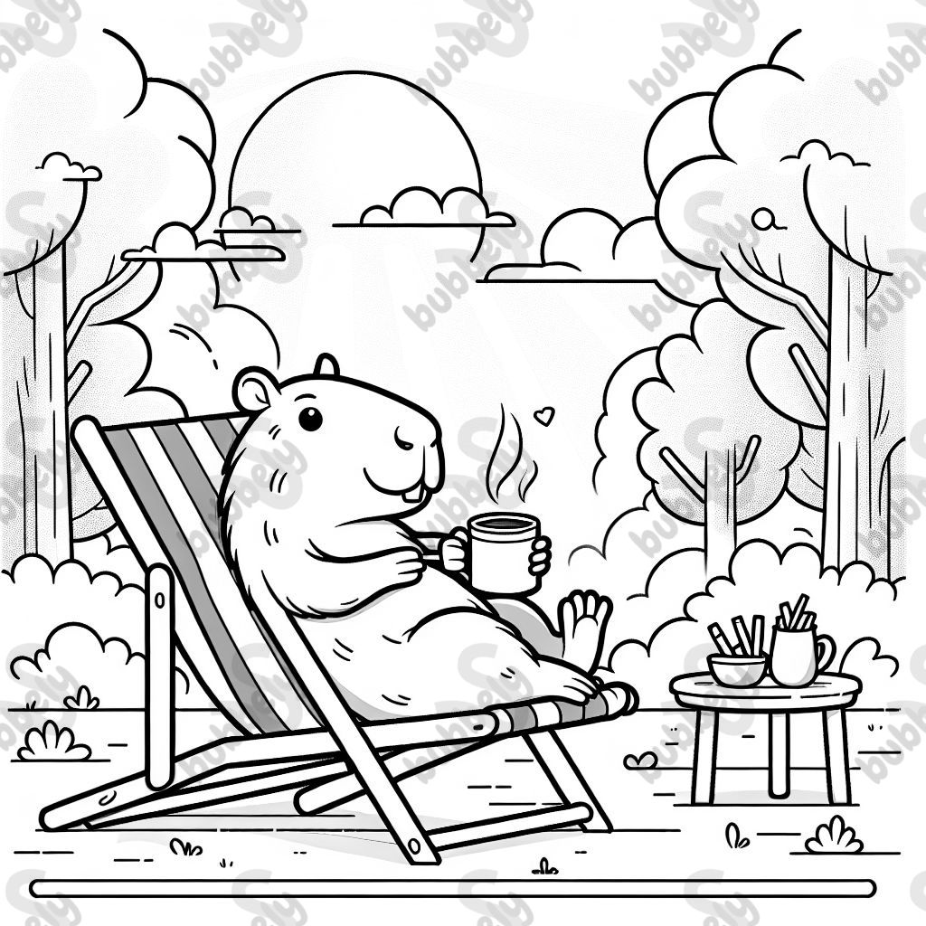 ein Capybara mit Kaffee in einem Liegestuhl