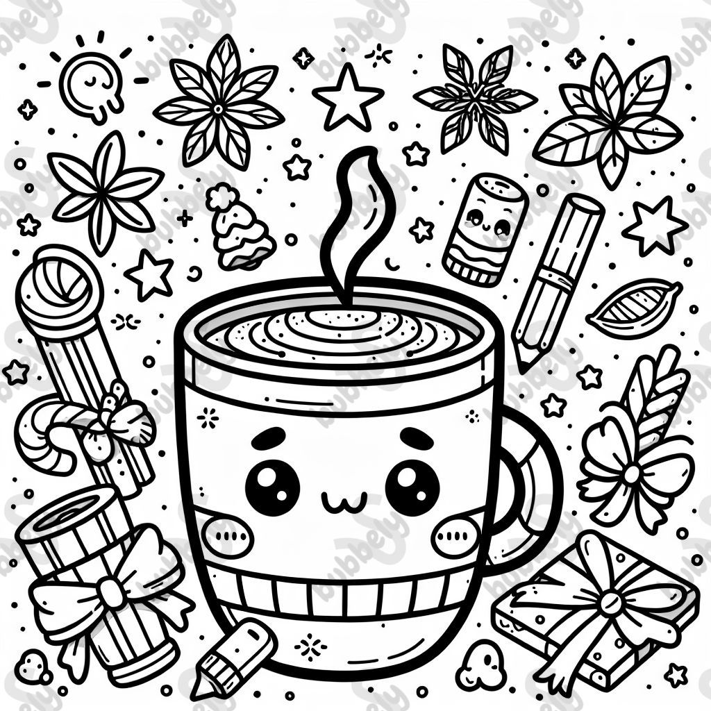 Eine Kaffeetasse mit niedlichen Gesicht kawaii und weihnachtlichen Gewürzen