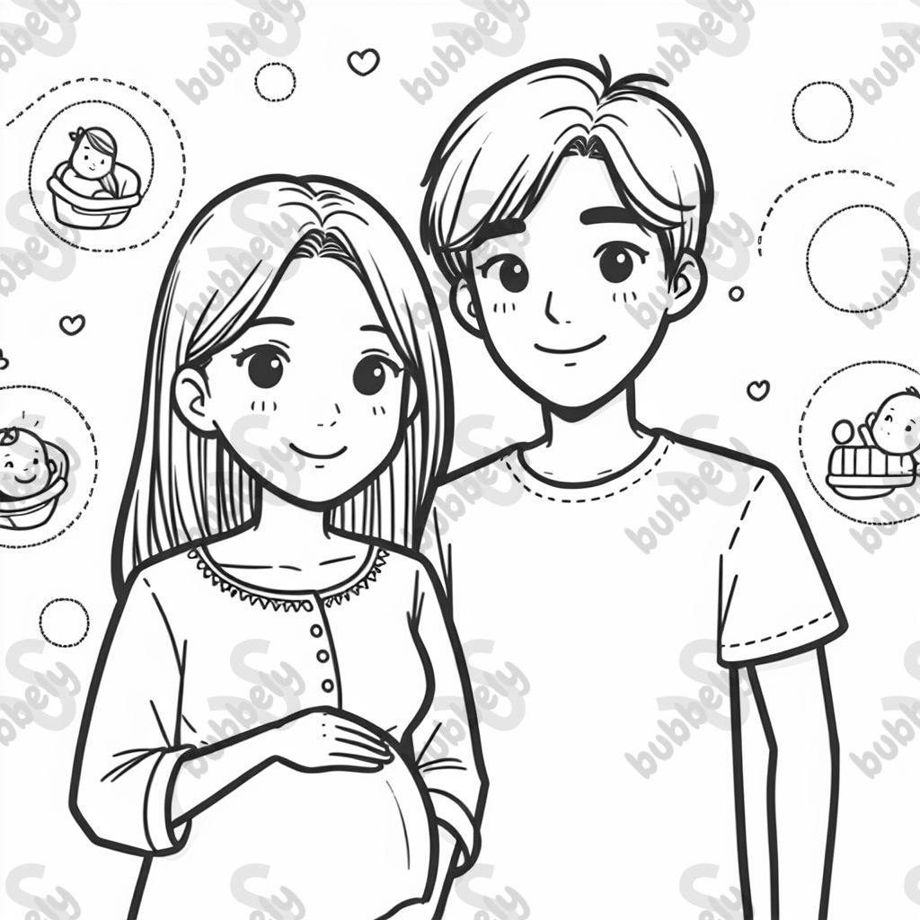 Young Asian couple, woman with long hair expecting baby.