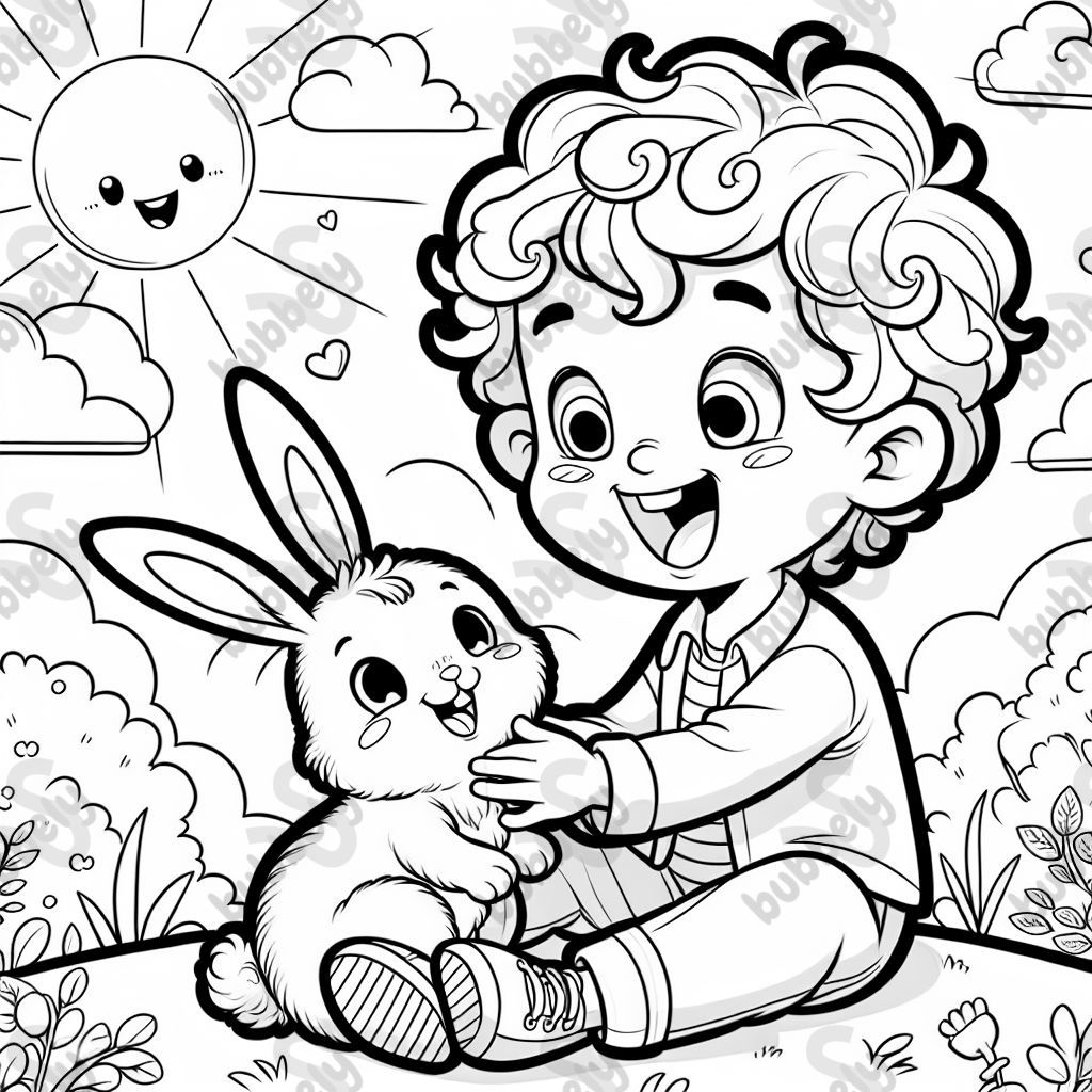 boy with curly hair holding a bunny 