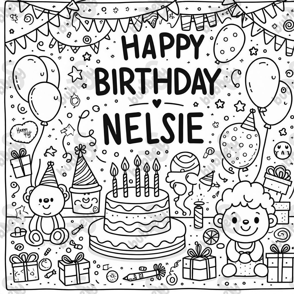 A birthday coloring sheet that says 'Happy Birthday Nelsie'. A birthday coloring sheet that says 'Happy Birthday Nelsie'.