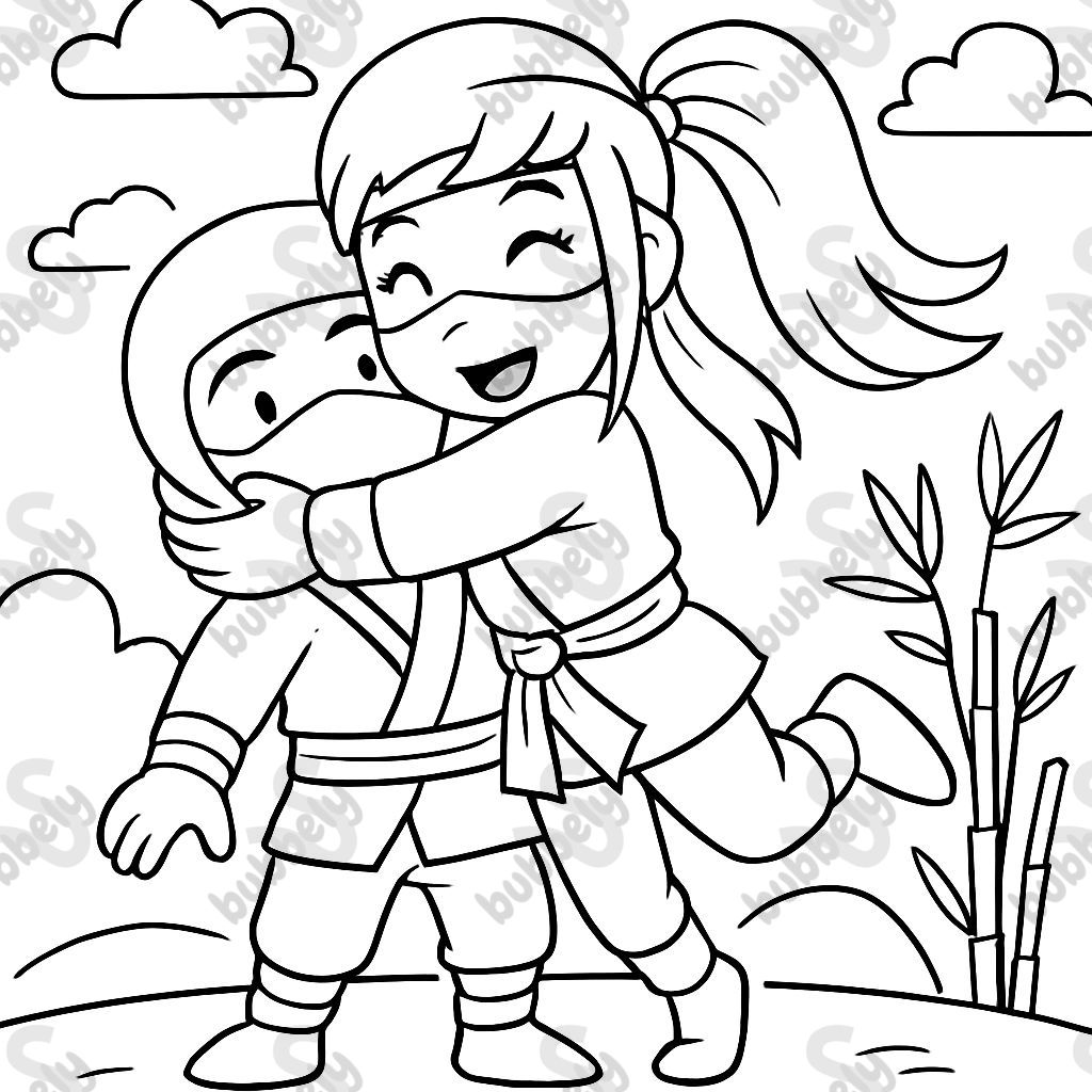 Ninja girl with long hair hugs another ninja
