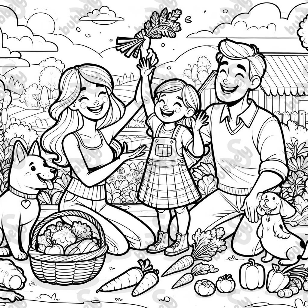 Mama Papa Mädchen Hund und katze mit gemüse