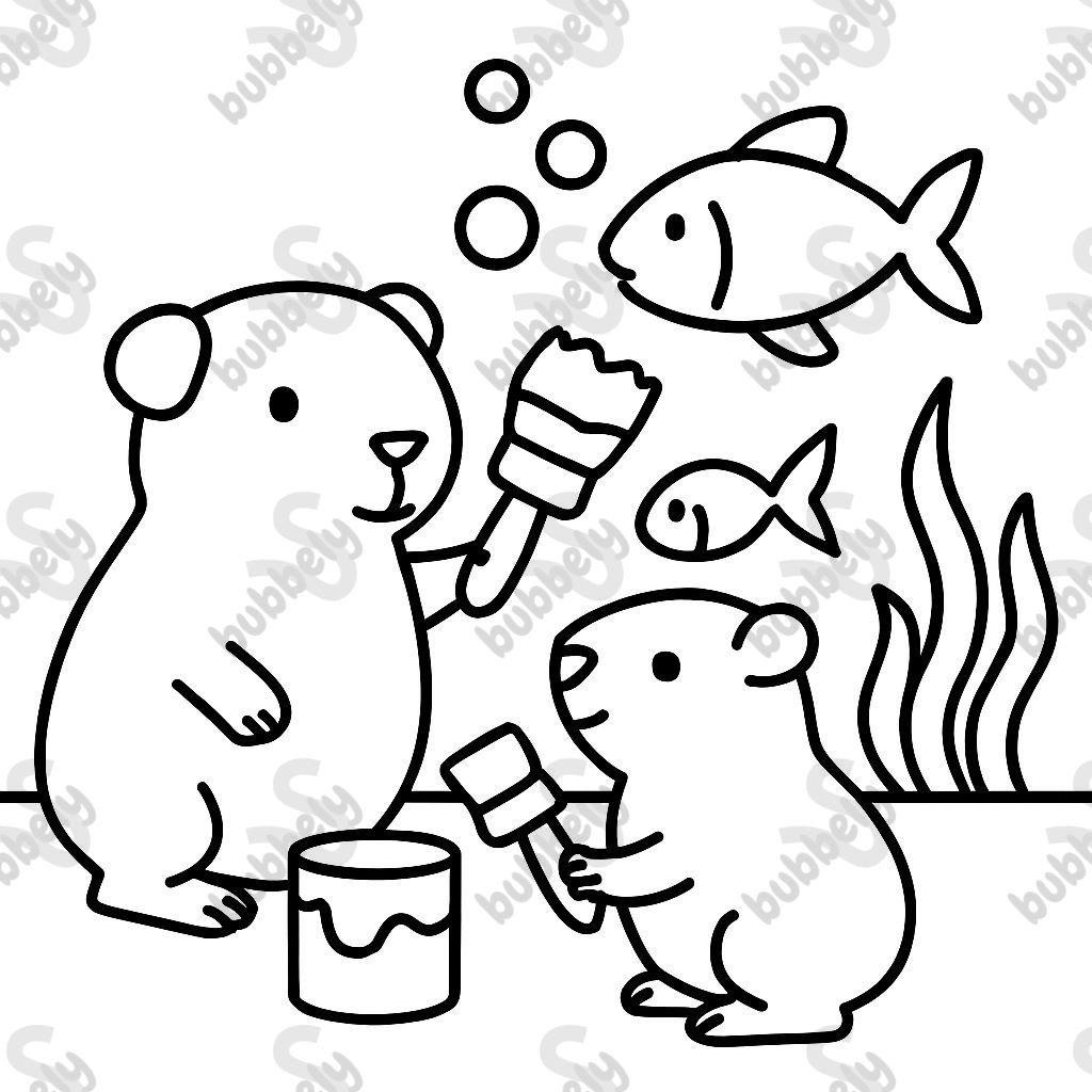 Guinea pigs painting an underwater wall mural