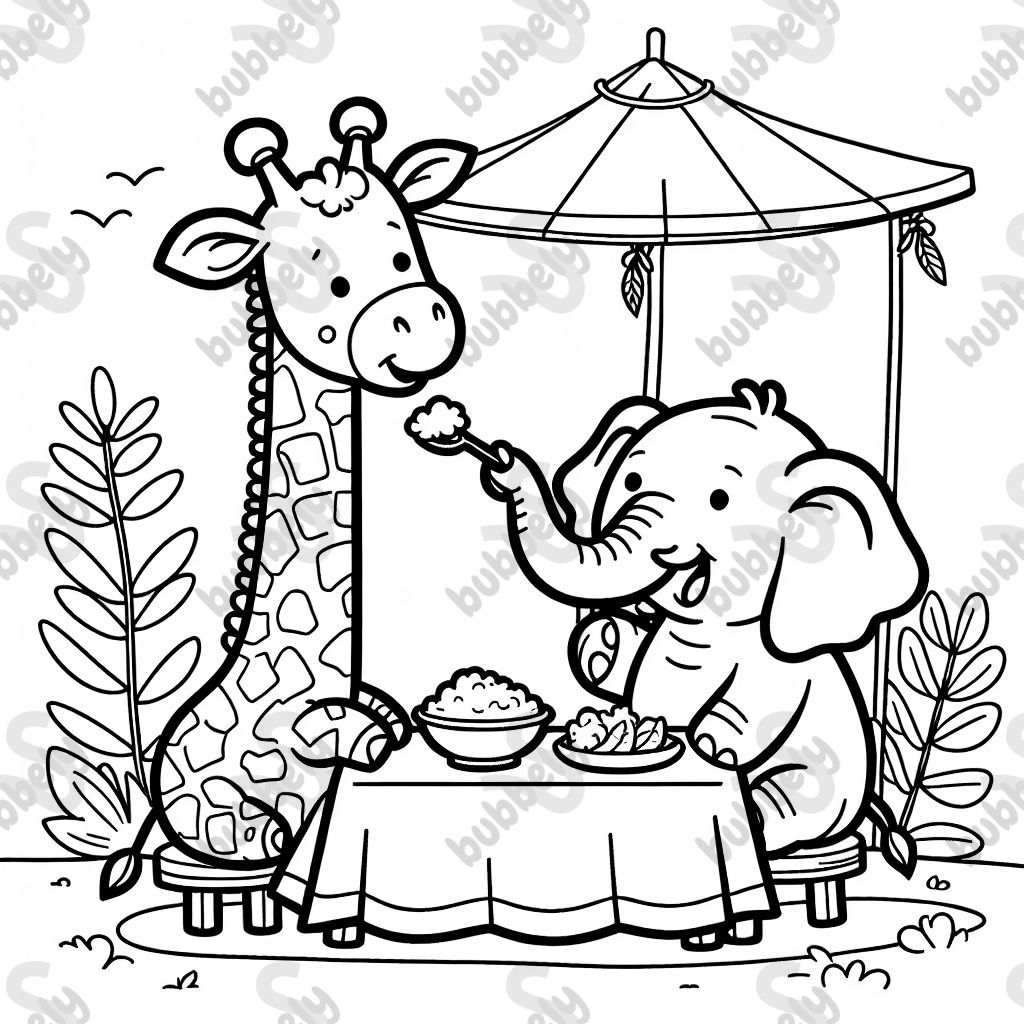 Giraffe and elephant having lunch