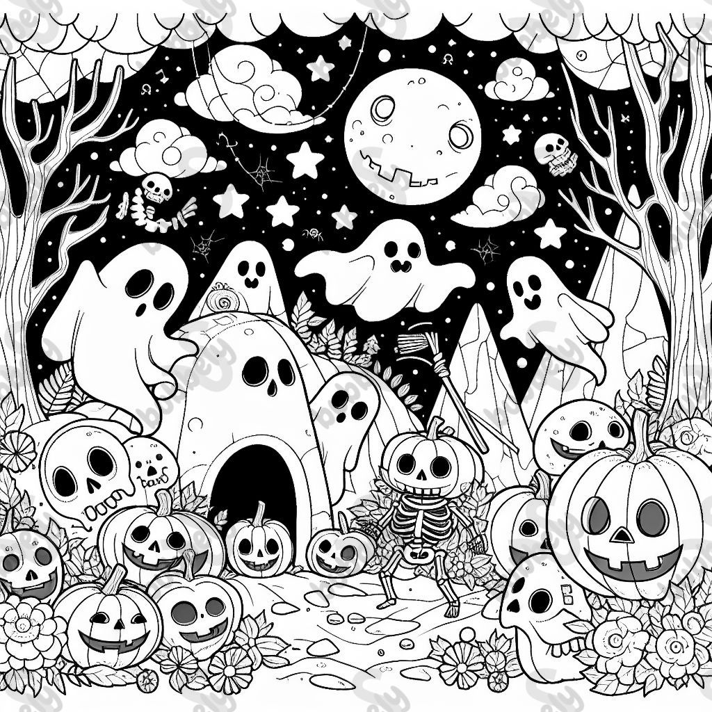 Eine gruselige höhle mit geistern, kürbissköpfen und Skeletten. Schön gruselig