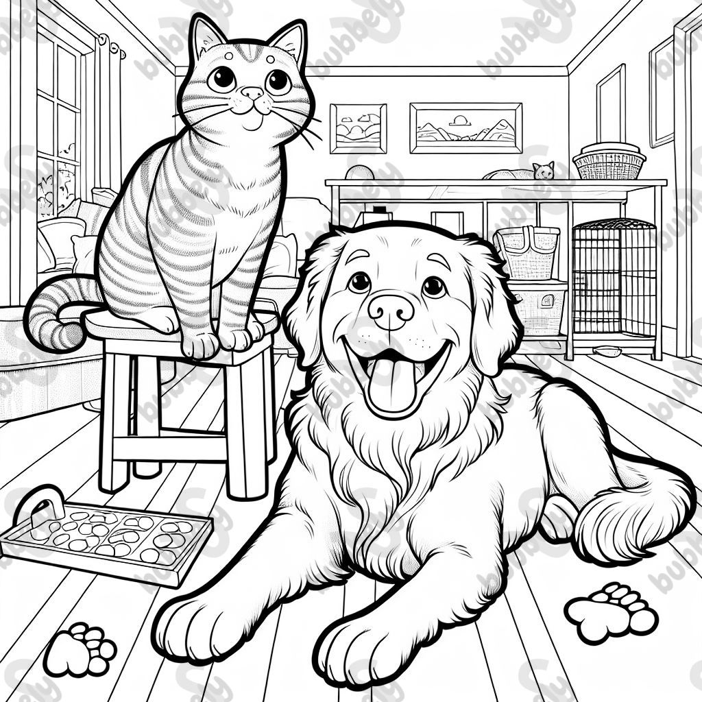 A tabby cat and a Chesapeake Bay retriever in a basic indoor space together. A tabby cat and a Chesapeake Bay retriever in a basic indoor space together.