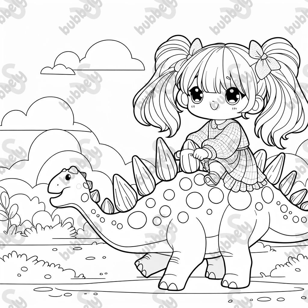 Une fille blonde avec des couettes chevauchant un stégosaure. Une fille blonde avec des couettes chevauchant un stégosaure.