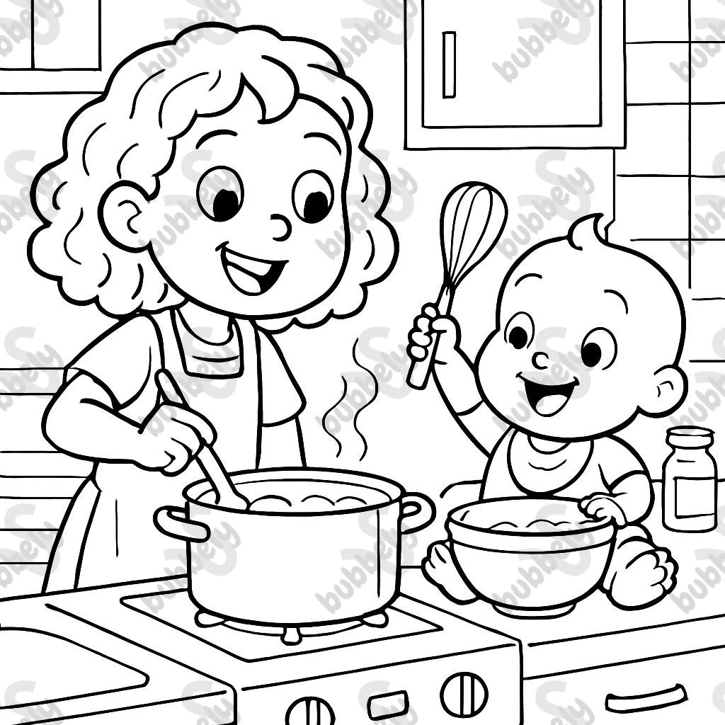 Une petite fille avec des cheveux bouclés à hauteur d'épaule et un bébé cuisinant dans la cuisine.