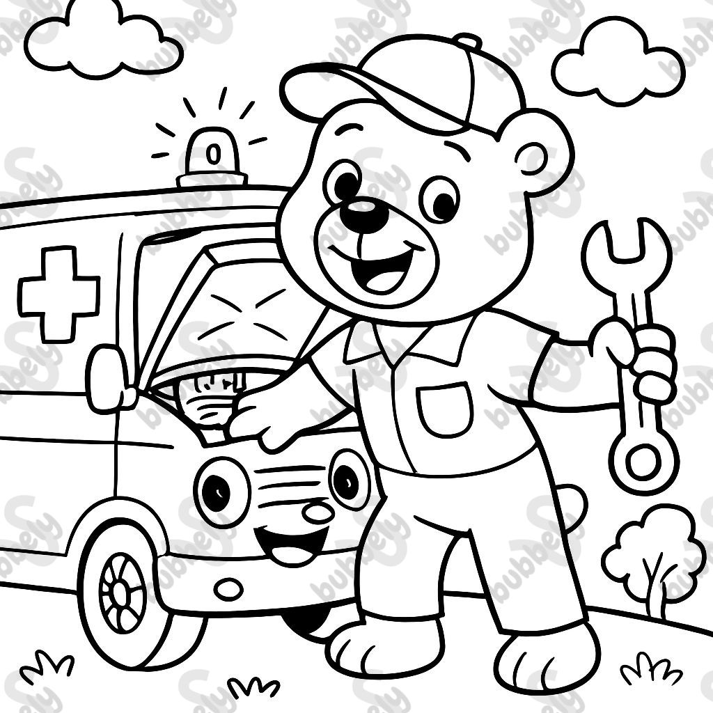A bear working on an ambulance.