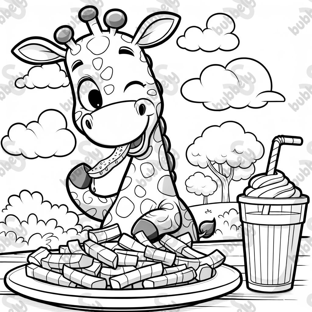 A giraffe eating a plate of fries with mayo.