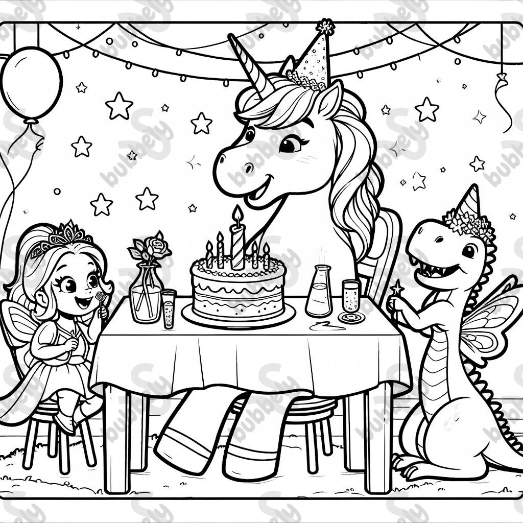 ein Einhorn feiert Geburtstag. es sitzt mit seinen Gästen (eine Fee, eine Prinzessin und ein Dino) am Tisch