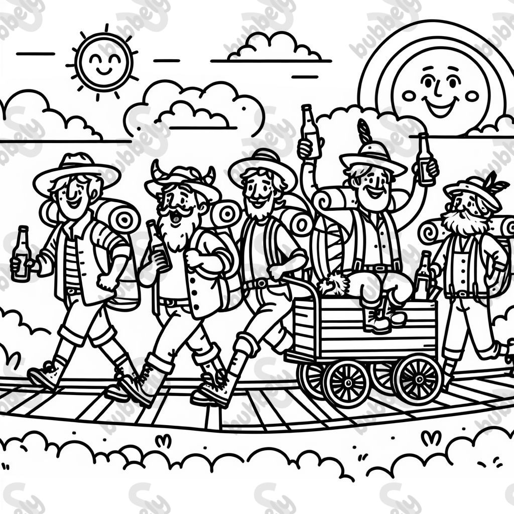 five hikers with a beer bottle and one hiker with a beer bottle is being pulled in a cart