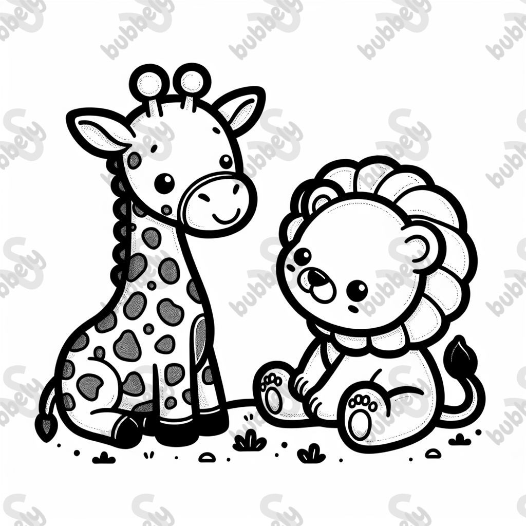 Baby giraffe being friends with baby lion.