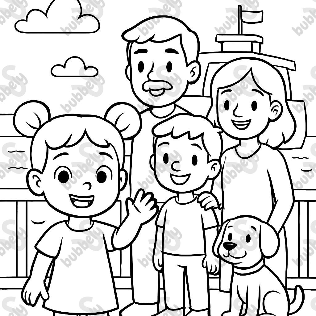 Little girl with two buns in her hair, her dad and brother and mom and dog on a ferry boat