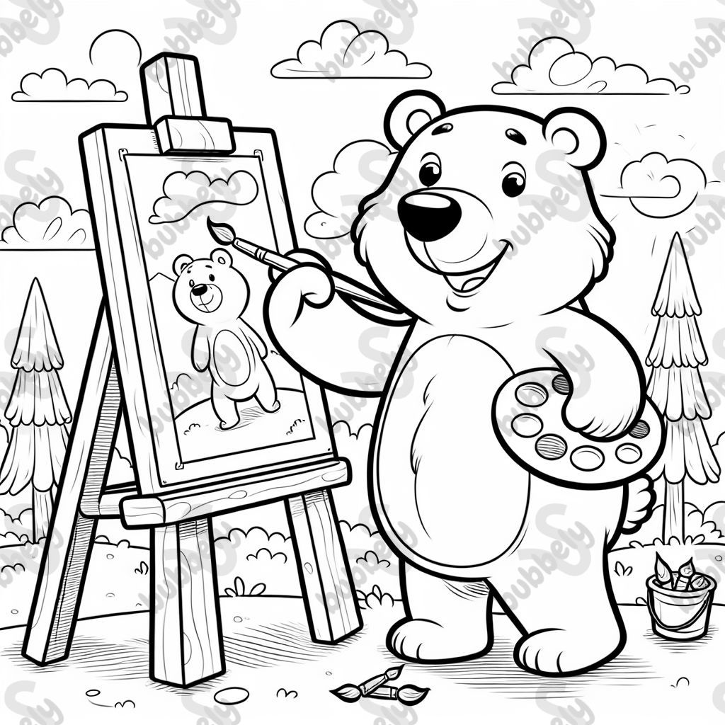 A bear painting at an easel