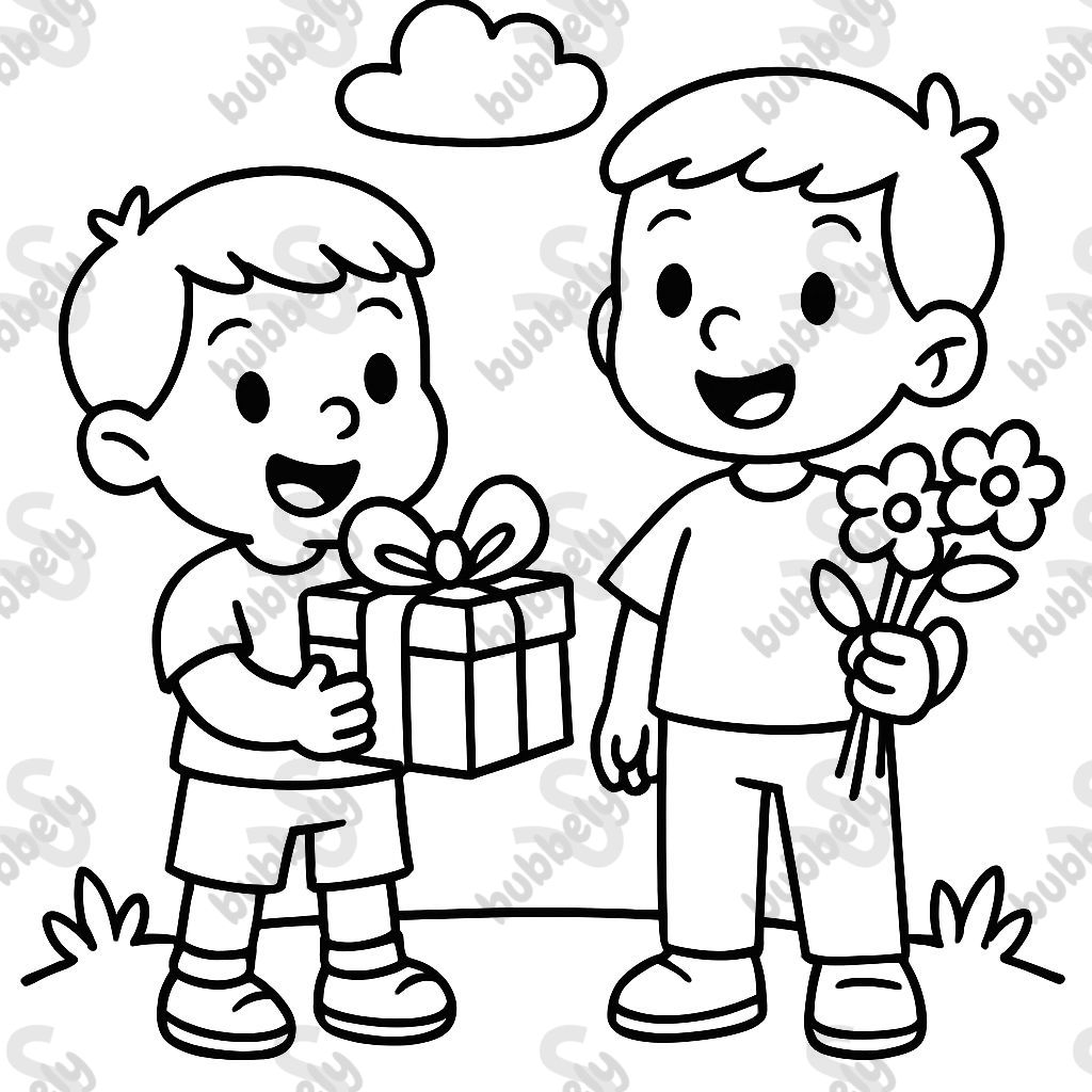 two boys (2 and 3) with a gift and flowers in their hands