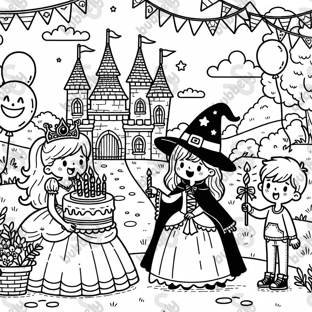 eine prinzessin und eine hexe feiern geburtstag ein junge besucht sieh