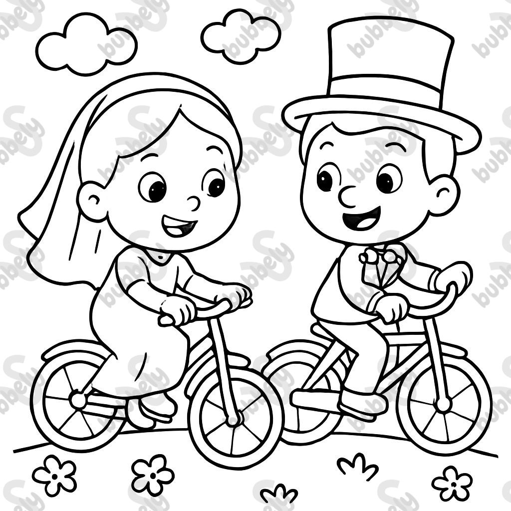 bride and groom on bicycles