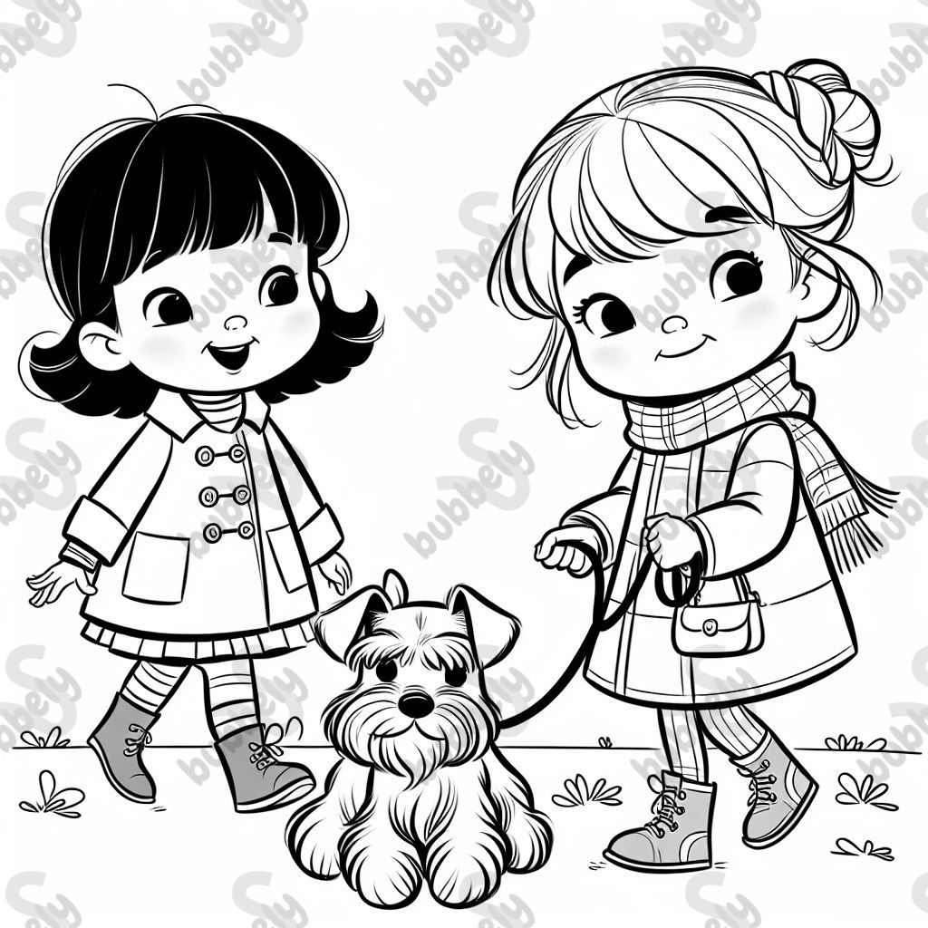 Two little girls walking a miniature schnauzer 