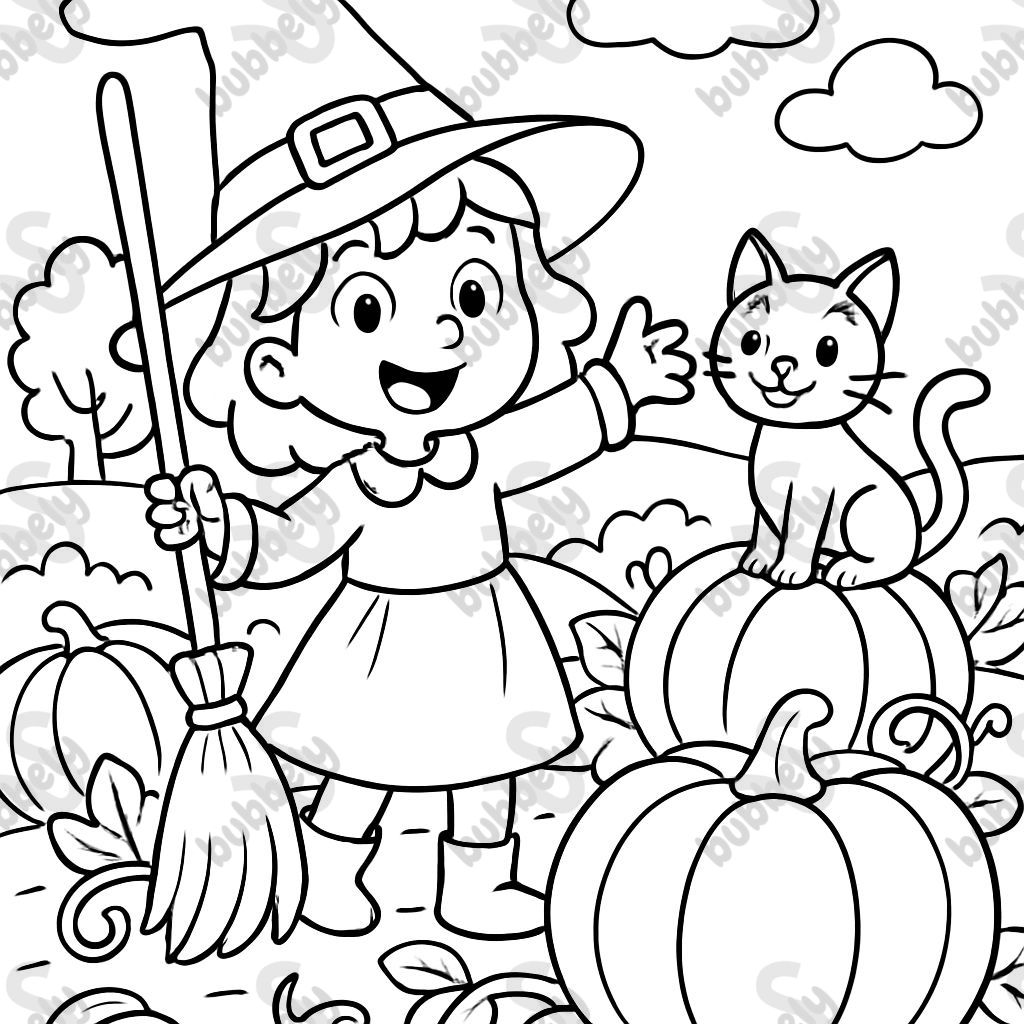 witch in a pumpkin patch with her cat