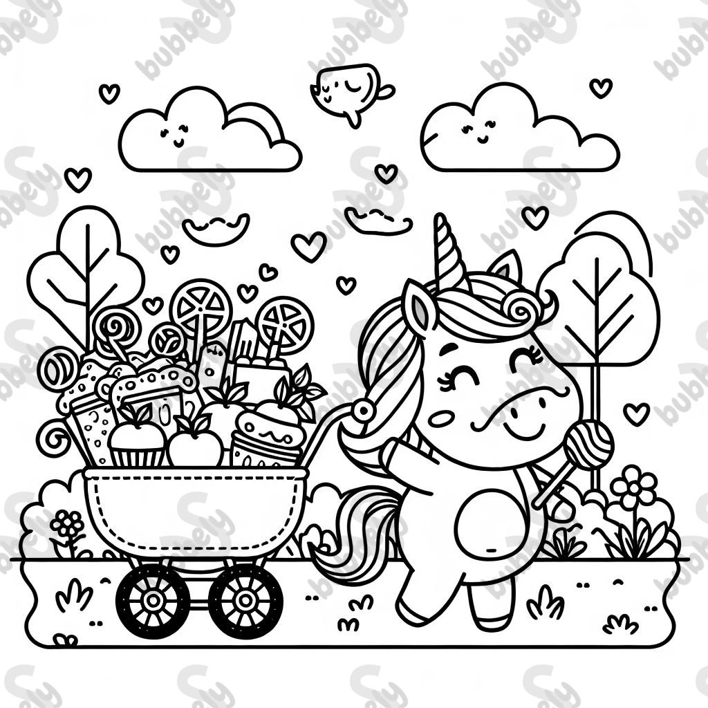 Unicorn pushing a stroller full of snacks