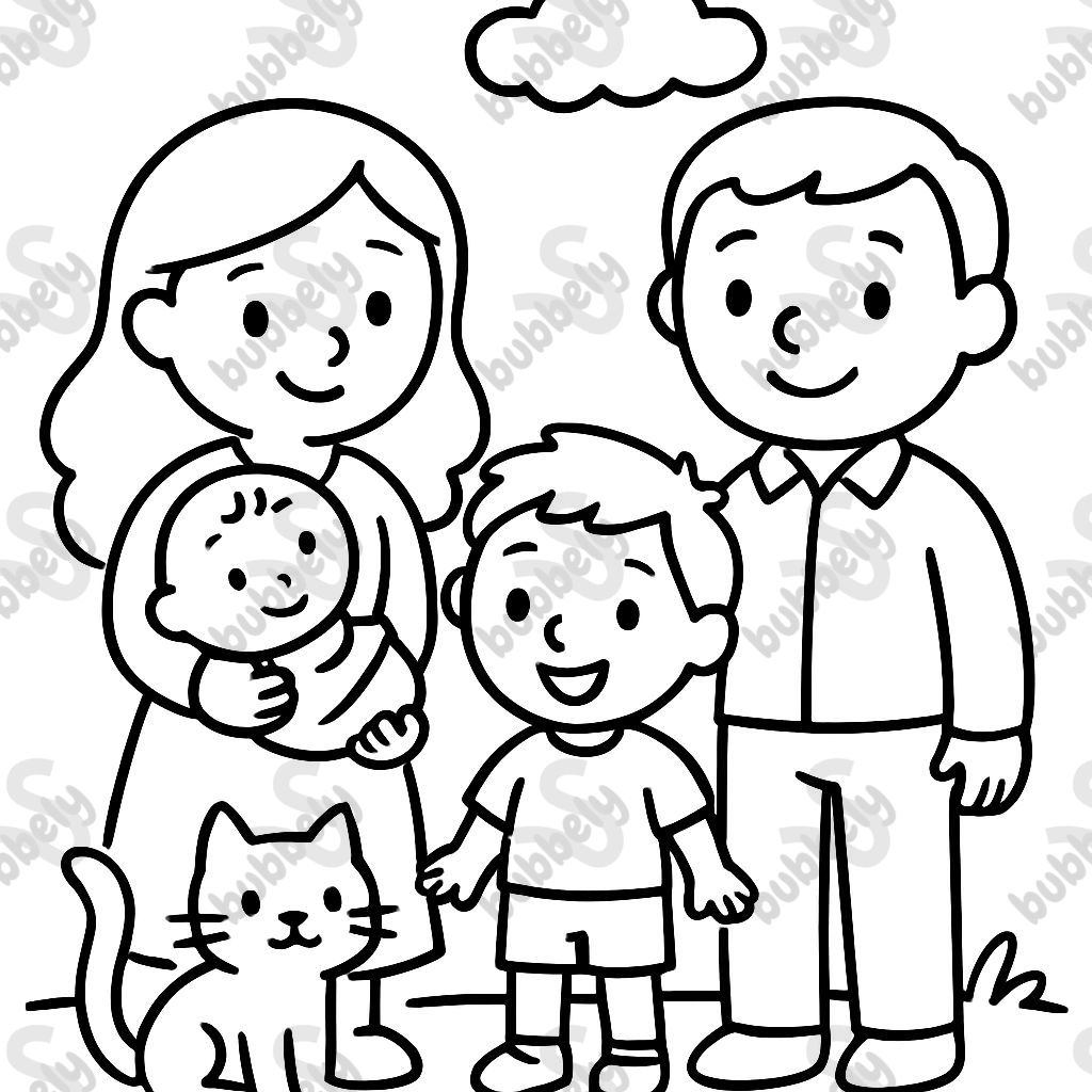 Mom, dad, boy, baby and cat