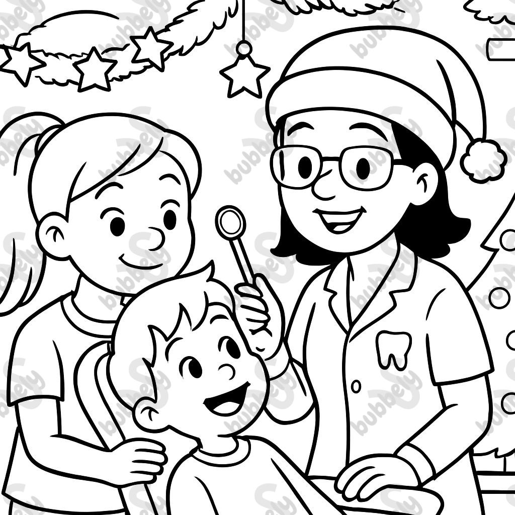 a big sister visits a friendly dentist wearing a Christmas hat with her little brother, and the practice is decorated in a cozy Christmas style