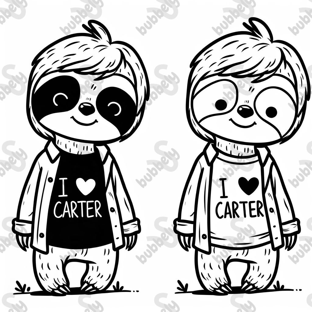 A sloth wearing a shirt that says 'I love Carter'.