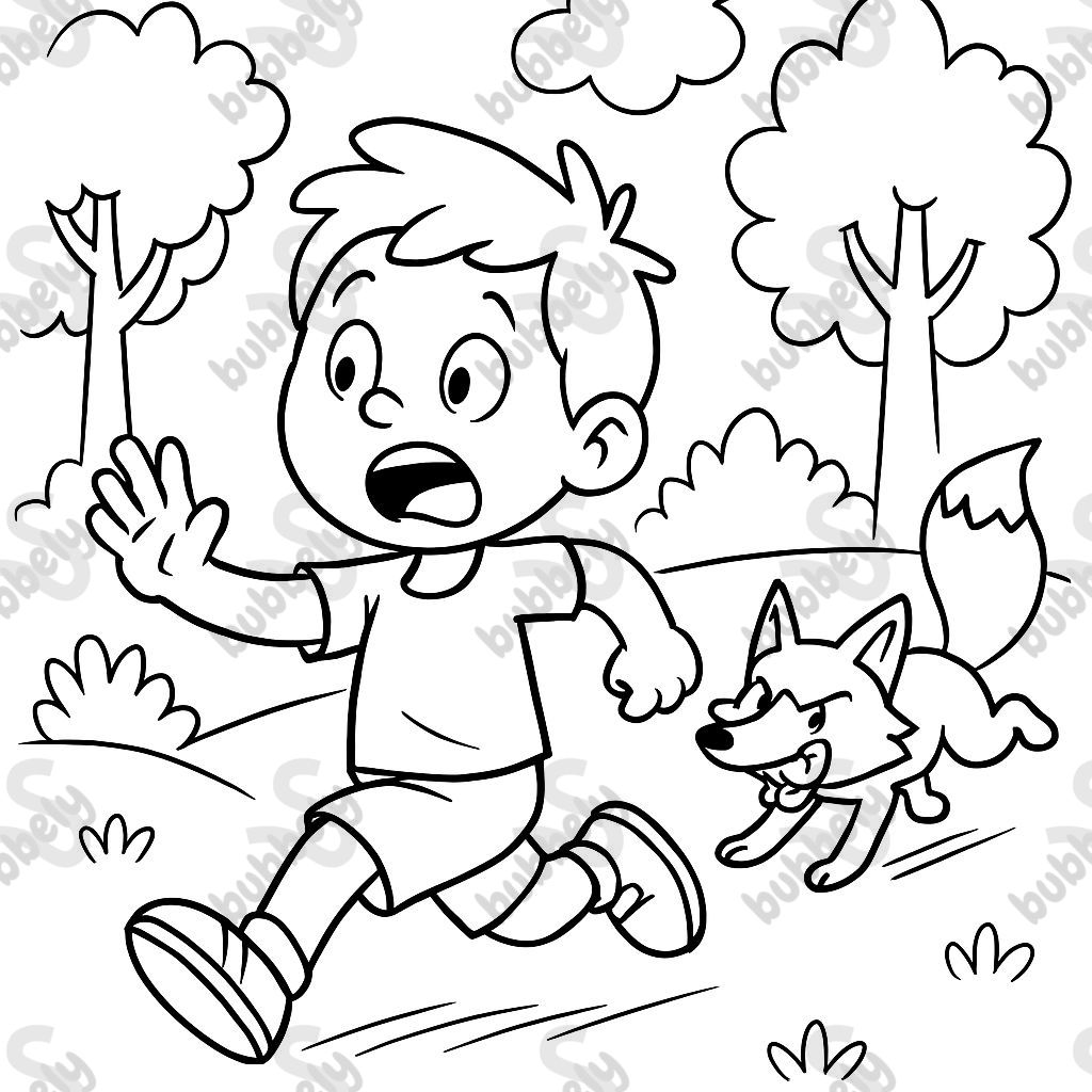 a boy running away in fear of a fox