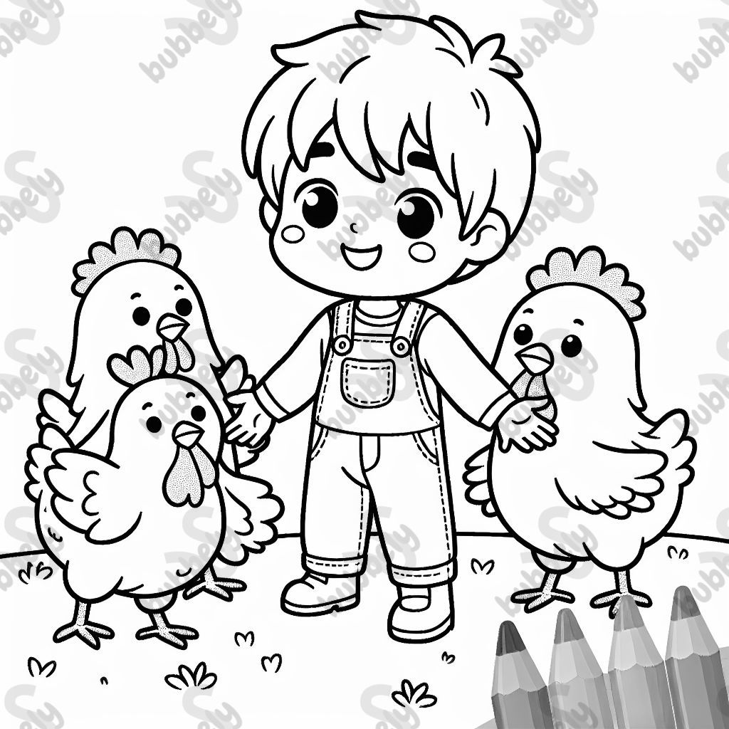 einen Jungen mit Hühnern 