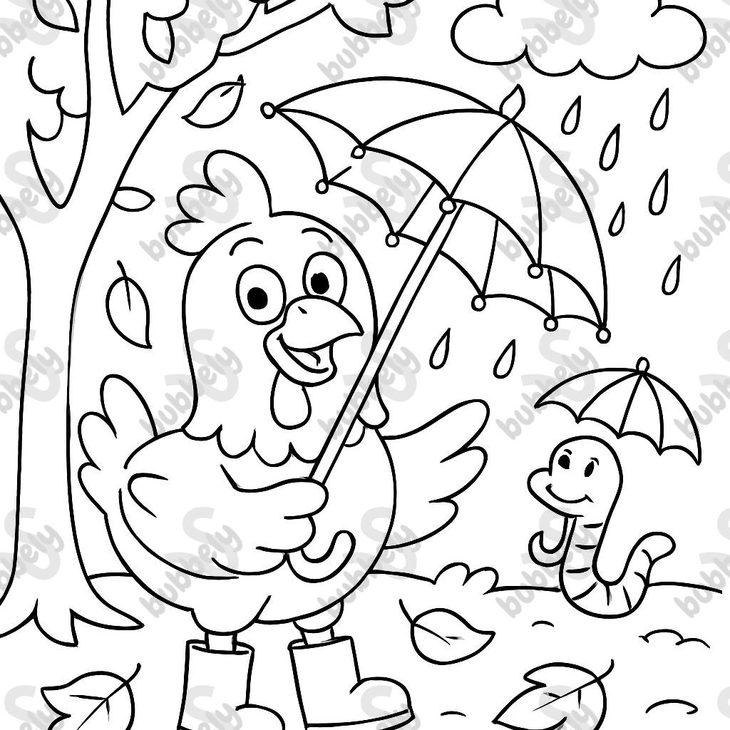 A chicken in rain boots with an umbrella standing under a tree with leaves falling because it's autumn. In the background, a rain cloud and a worm with an umbrella.