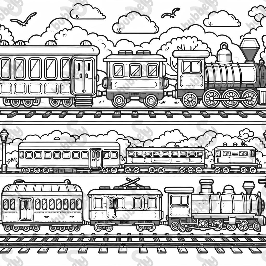 Ein zug mit einem Schlafwagen,  einem ice wagen, einer s-bahn, einer dampflok und einem regionalzug kurz vor einem Bahnhof 