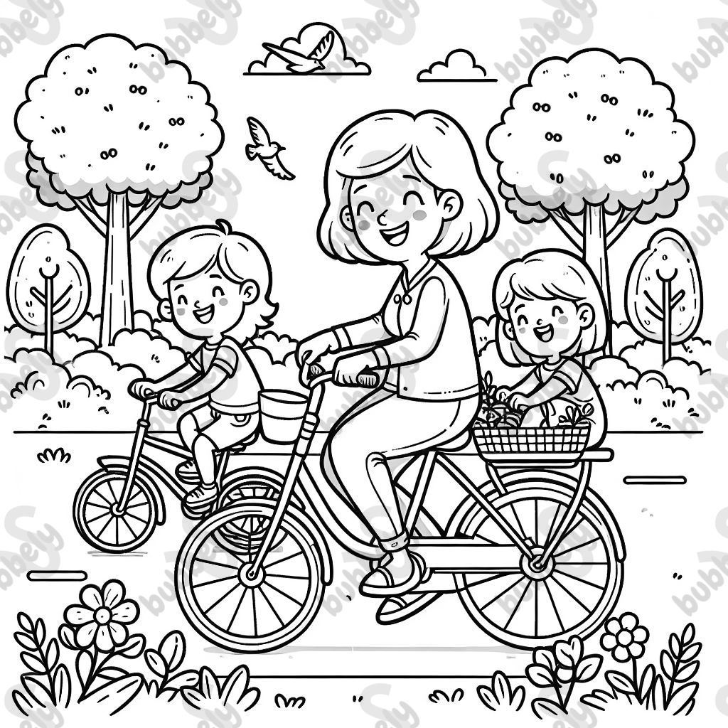 young grandma with medium-length hair on a bicycle with a small boy on the back, girl riding a separate large bicycle