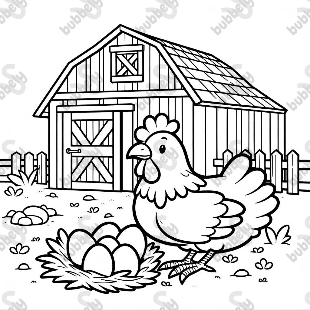 Chicken laying eggs by a barn