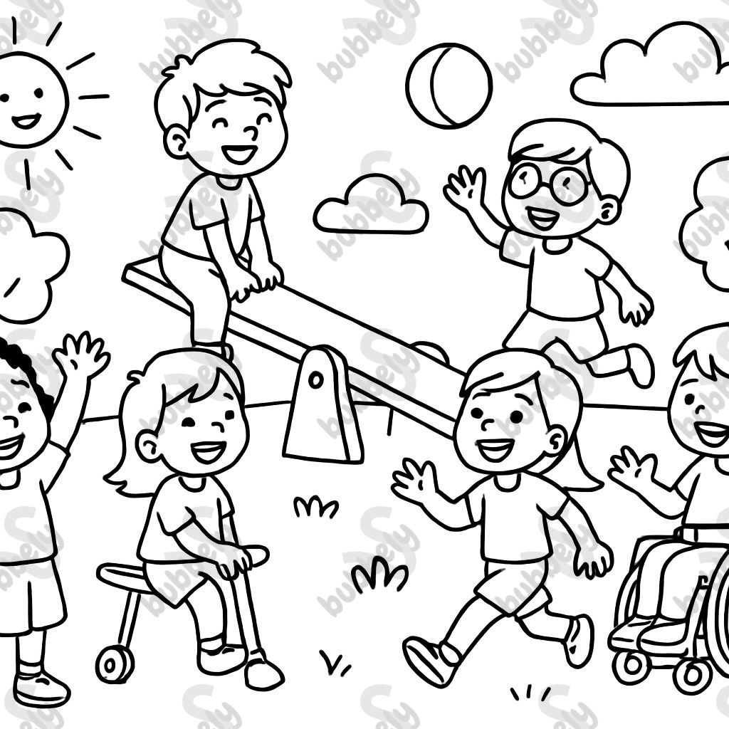 Many children with and without disabilities playing together Many children with and without disabilities playing together
