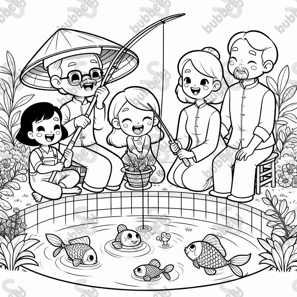 A picture of a Vietnamese family fishing in a square small pond. The family includes grand-parents, parents, and two small kids. One is a bigger boy, another is a small little girl. They are happy because they've fished some fishes for dinner. A picture of a Vietnamese family fishing in a square small pond. The family includes grand-parents, parents, and two small kids. One is a bigger boy, another is a small little girl. They are happy because they've fished some fishes for dinner.