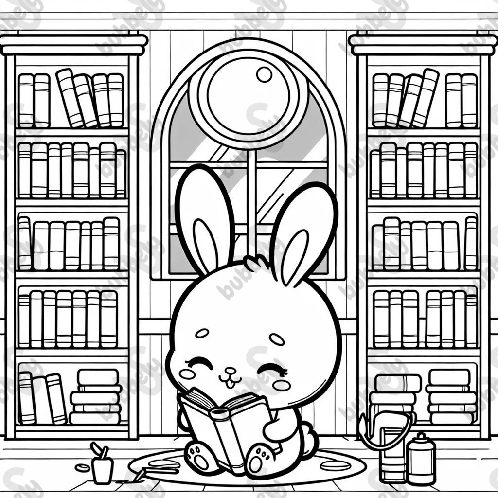 A bunny reading in a library