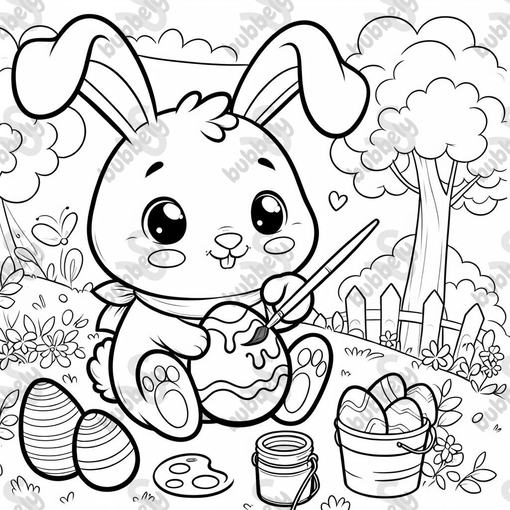 Fluffy rabbit painting Easter eggs.