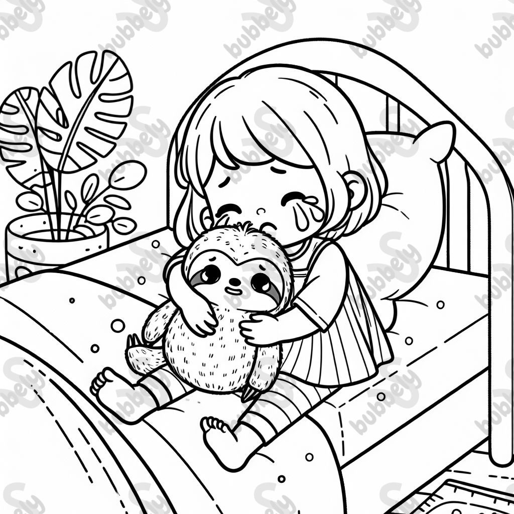 A toddler girl crying, lying in bed with a stuffed sloth toy 