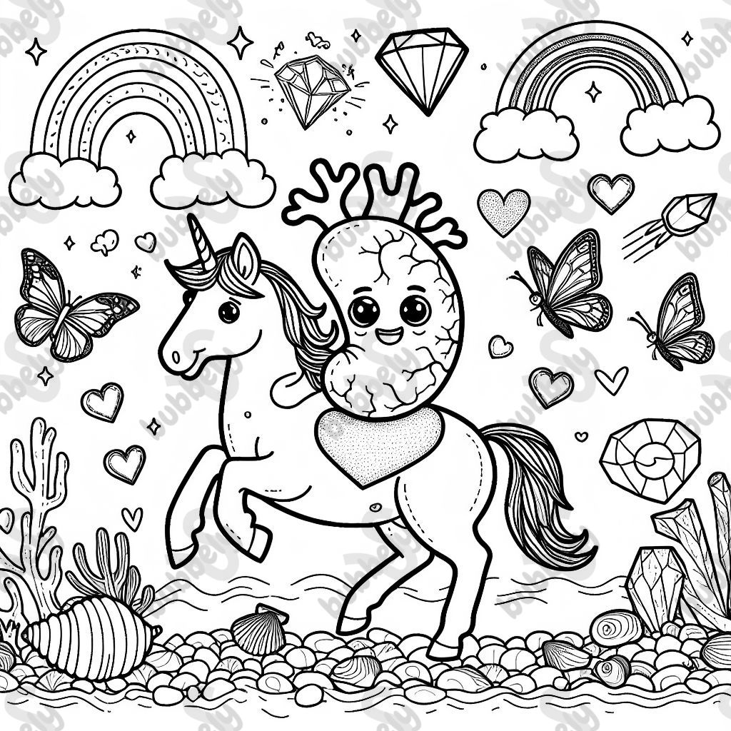 Spleen riding a unicorn with seashells heart rainbow butterfly bird and diamond.